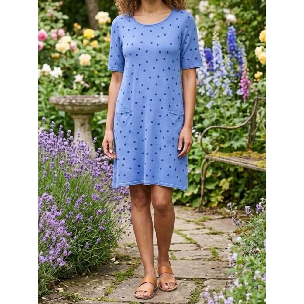 Gudrun Sjoden Blue Polka Dot Lagenlook Scandi Minimal Shift Midi Dress Medium